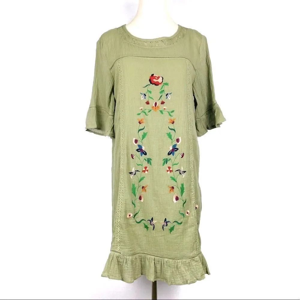 NWT ODDY Olive Green Embroidered Ruffled Boho Mini Dress